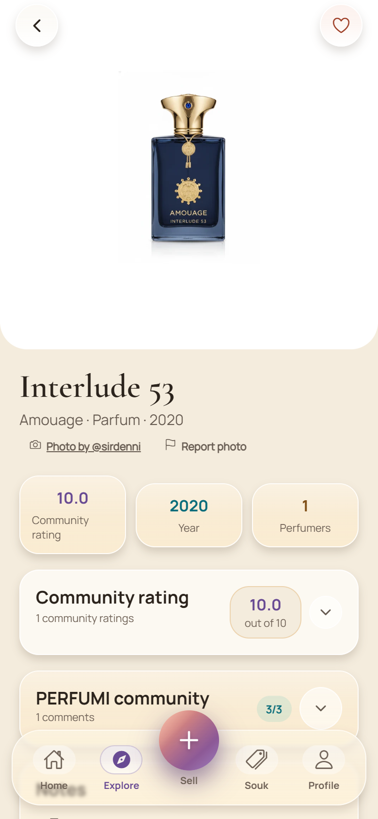 A PERFUMI fragrance page with a community bottle photo and rating