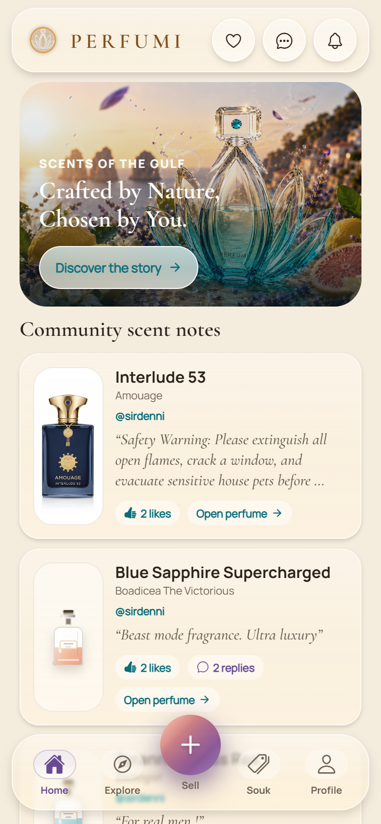 The PERFUMI home screen with the hero flacon and community scent notes