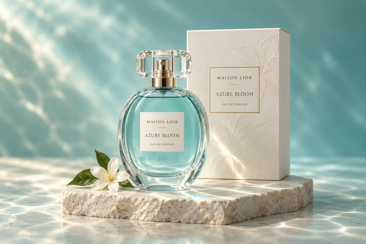 زجاجة عطر بجانب علبتها