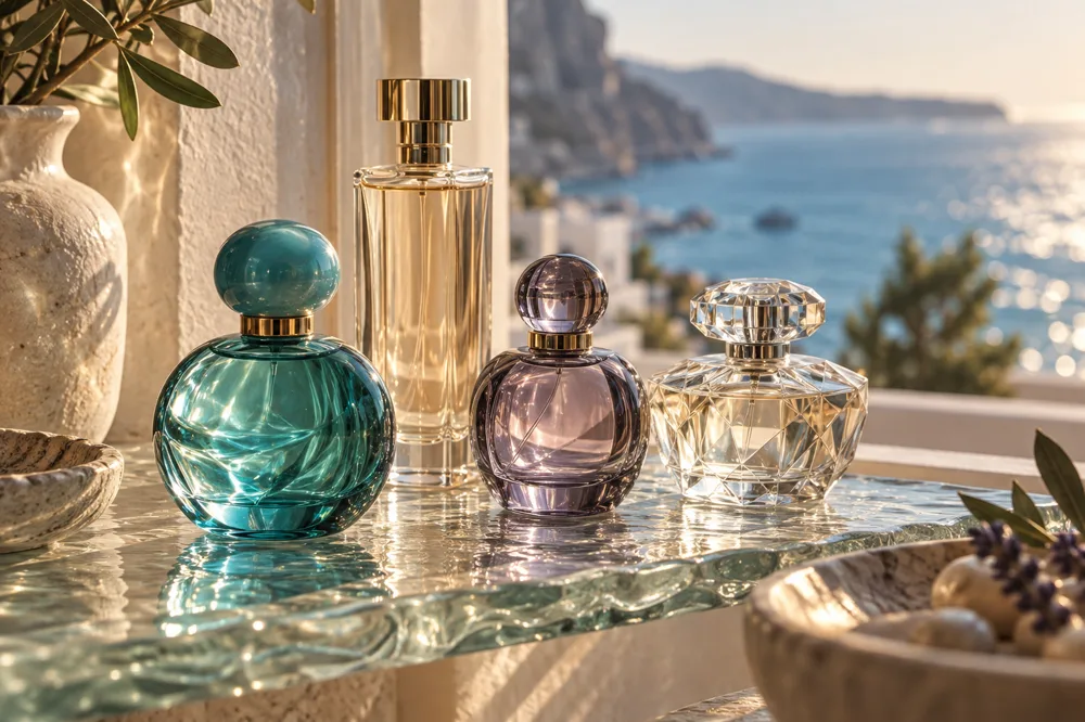 أربع زجاجات عطر على رفٍّ مشمس