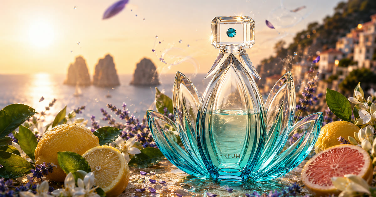 A turquoise perfume bottle among citrus, jasmine and lavender at sunset